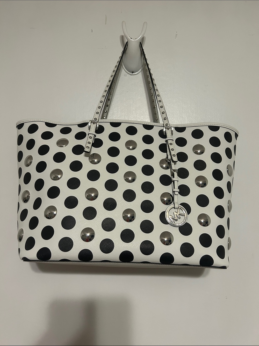 Michael Kors White Tote with Black Polka Dots & Silver Studs